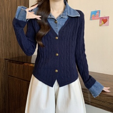 批发韩式牛仔拼接翻领设计感长袖针织上衣<b class='q'>大码</b>女秋冬2026新款假两件套