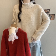 批发韩系温柔蕾丝花边拼接钉珠针织衫女2026春季百搭毛衣荷叶边上衣潮