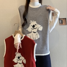 批发法式灰色穿搭毛边小狗提花针织马甲女2026春季慵懒风宽松坎肩上衣