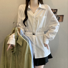 批发法式高级衬衫设计感纯棉衬衣女春<b class='q'>秋</b>大码胖MM中长款收腰绑带上衣