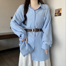 批发高级气质长袖衬衫女春夏<b class='q'>秋</b>设计感大码宽松收腰性感御姐中长款上衣