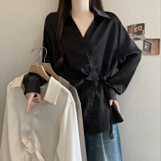 批发黑色V领长袖打底衬衫女春<b class='q'>秋</b>大码胖mm显瘦遮肚不规则系带收腰上衣