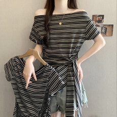 批发大码胖mm不规则条纹露肩T恤女<b class='q'>春</b>夏新款气质遮肉显瘦正肩短袖上衣