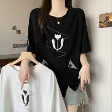 批发设计感小众圆领短袖t恤女宽松纯棉上衣2026新款遮肚子显瘦打底衫