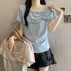 批发法式方领正肩短袖T恤女夏季大码胖mm显瘦别致漂亮小衫不规则上衣