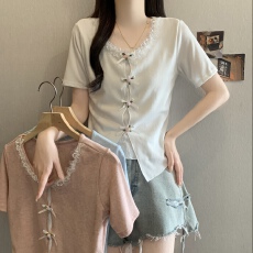 批发大码女装纯欲假两件蝴蝶结短袖t恤女夏季显瘦设计感正肩百搭上衣