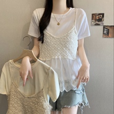 批发大码胖mm高级感小清新套装女夏季蕾丝吊带背心短袖T恤上衣两件套