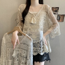 批发波西米亚风钩花<b class='q'>蕾丝</b>镂空针织上衣女夏季大码七分袖防晒衫外搭<b class='q'>罩衫</b>