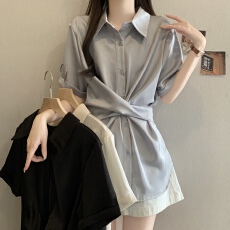 批发系带收腰<b class='q'>短袖</b><b class='q'>衬衫女</b>显瘦夏季大码复古网红别致设计感绑带气质上衣