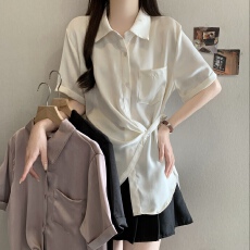 批发设计感绑带<b class='q'>短袖</b><b class='q'>衬衫女</b>大码女装夏季胖mm遮肚显瘦收腰时尚百搭上衣