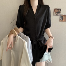 批发醋酸缎面V领<b class='q'>衬衫女</b>大码高级感时尚洋气交叉绑带衬衣成熟御姐上衣