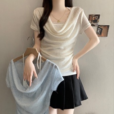 大码法式两件套短袖T恤女装春夏季设计感露肩上衣胖MM显瘦甜美T恤