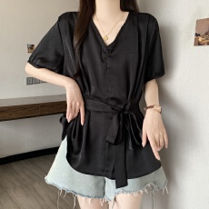 批发大码女装胖mm法式V领收腰<b class='q'>短袖</b><b class='q'>衬衫女</b>夏季宽松显瘦百搭丝带小上衣