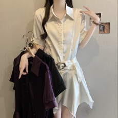 批发韩系气质Polo领收腰衬衫<b class='q'>连衣裙</b>女春<b class='q'>夏</b>季新款辣妹修身短袖A字短裙