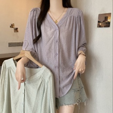 批发法式V领2026新款五分袖衬衫大码女<b class='q'>夏</b>胖mm显瘦遮肚高级感正肩上衣