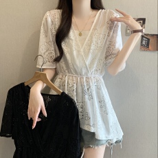批发镂空刺绣V领上衣女2026年夏季新款宽松时尚洋气长袖收腰娃娃衫潮