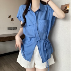 批发蓝色翻领正肩短袖衬衫女夏季大码胖mm显瘦不规则系带收腰小衫上衣