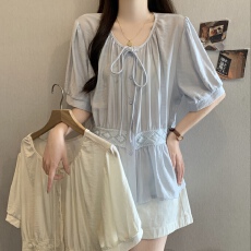 批发大码胖mm法式蕾丝拼接系带短袖衬衫夏季宽松显瘦百搭洋气圆领上衣