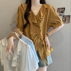 批发设计感韩版假两件V领衬衫女夏季2026新款荷叶边收腰短袖<b class='q'>通勤</b>上衣