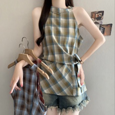 批发复古绿色格子圆领无袖<b class='q'>衬衫女</b>绑带收腰大码背心夏<b class='q'>韩版</b>洋气小衫上衣