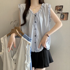 批发蓝色无袖<b class='q'>衬衫女</b>夏清纯少女感韩系穿搭木耳边背心小飞袖上衣娃娃衫