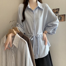 批发韩系条纹衬衫女<b class='q'>春</b>季新款设计感系带收腰显瘦宽松百搭通勤气质上衣