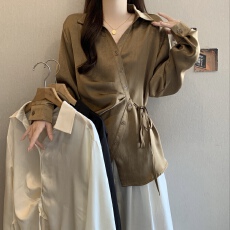 批发交叉翻领长袖缎面打底衬衫女春秋大码胖mm显瘦高级感系带收腰上衣