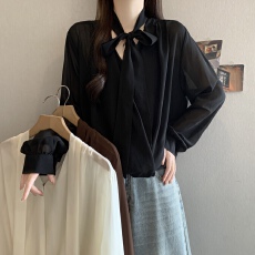 批发飘带天丝<b class='q'>衬衫</b>女长袖春秋设计感小众上衣法式轻奢气质挂脖高级<b class='q'>衬衣</b>