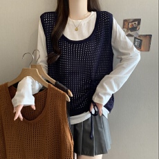 批发欧货早秋新款洋气叠穿抽绳长袖上衣女宽松休闲镂空<b class='q'>背心</b>+t恤两件套