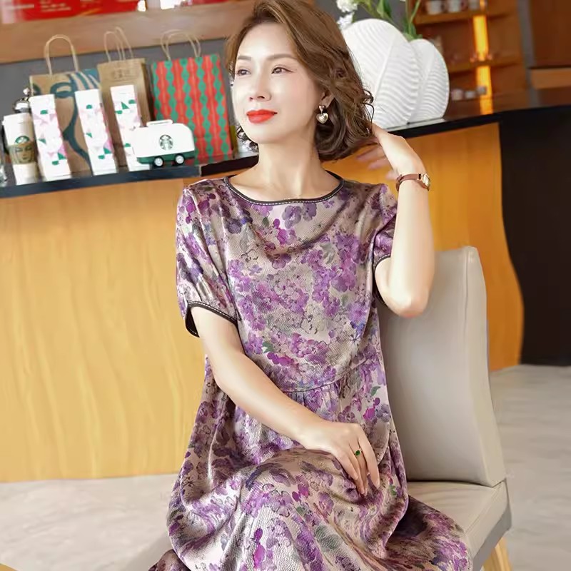MY9033# 真丝连衣裙女新款碎花显瘦中年妈妈桑蚕丝裙子夏杭州丝绸女裝貨源服裝批發