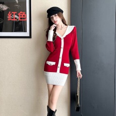 批发法式小香风撞色<b class='q'>翻领</b>针织<b class='q'>连衣裙</b>女秋冬新款气质高级感修身显瘦短裙