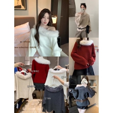 批发法式气质<b class='q'>狐狸毛</b>袖口毛衣斜领露肩设计感蝙蝠袖显瘦百搭针织衫上衣