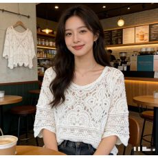 批发钩花镂空五分袖圆领百搭罩衫夏季新款棉线针织衫宽松百搭女上衣