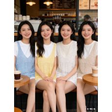 批发大码女装蝴蝶结蕾丝钩花镂空背心女圆领短袖两件套洋气T恤上衣潮