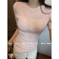 批发2026年春季新款镶钻亮片圆领短袖针织衫女修身显瘦高级感气质上衣