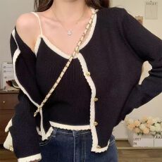 批发2026新款小香风两件套女秋季撞色花边<b class='q'>短款</b>背心长袖针织开衫外套