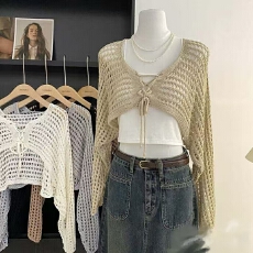 批发镂空系带防晒开衫短款显瘦绑带针织衫女薄款罩衫坎肩修身上衣外套