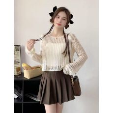 批发瑾瑶2026新款镂空长袖防晒慵懒圆领针织衫薄款收腰夏季罩衫上衣