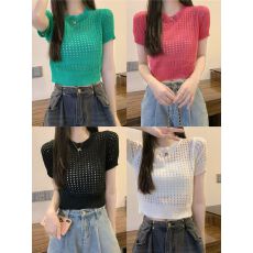 批发镂空针织短袖T恤女2026春季泽西风甜美辣妹瓜红色短款小个子上衣