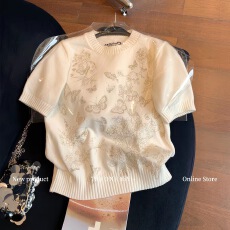 批发小香风蝴蝶金线刺绣针织短袖女早春新款韩系减龄气质高级感短上衣