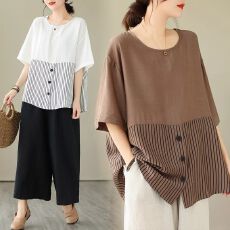 批发大码女装2025夏季新款复古文艺套头宽松显瘦条纹上衣拼接短袖<b class='q'>T</b><b class='q'>恤</b>