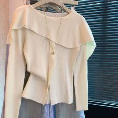 批发女装韩系穿搭灰色荷叶边<b class='q'>针织</b>衫2025秋款开叉下摆长袖上衣