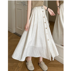 批发2026夏新款文艺纯色纽扣中<b class='q'>长裙</b><b class='q'>半身</b>裙森女棉麻A字裙松紧腰半裙女