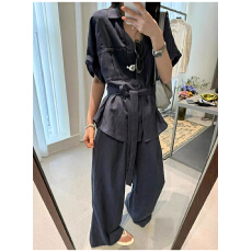 批发工装翻领衬衫西装阔腿裤两件套装女欧洲站夏装新款欧货女装潮