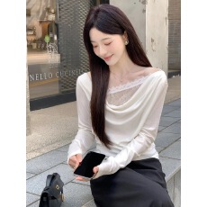 批发羊毛天丝莱赛尔针织<b class='q'>长袖</b>T恤女法式荡领假两件<b class='q'>蕾丝</b>拼接<b class='q'>上衣</b>