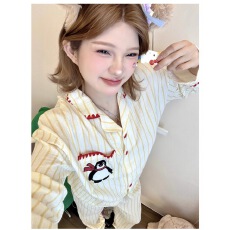 可爱卡通条纹睡衣女秋冬季长袖高级感云朵棉家居服可外穿