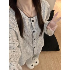 批发韩系<b class='q'>碎花</b>睡衣秋冬季长袖长<b class='q'>裤</b>甜美开衫可外穿家居服套装