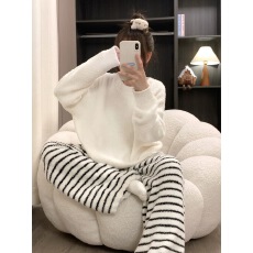 半边绒条纹睡衣女加绒加厚套装慵懒风家居服冬款高级感可外穿