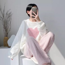 半边绒睡衣女秋冬季新款加厚保暖珊瑚绒大码胖mm2大码家居服套装