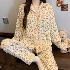 美拉德小熊秋冬睡衣女空气棉夹层加厚秋冬卡通长袖家居服套装